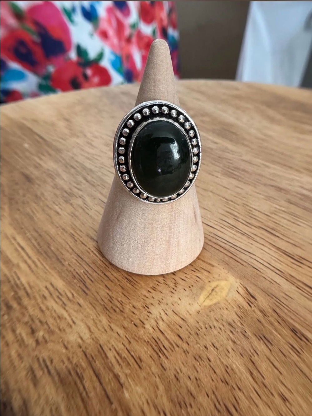 Elegant Dark Moss Agate Oval Stone Silver Ring • Size 5 • NEW
